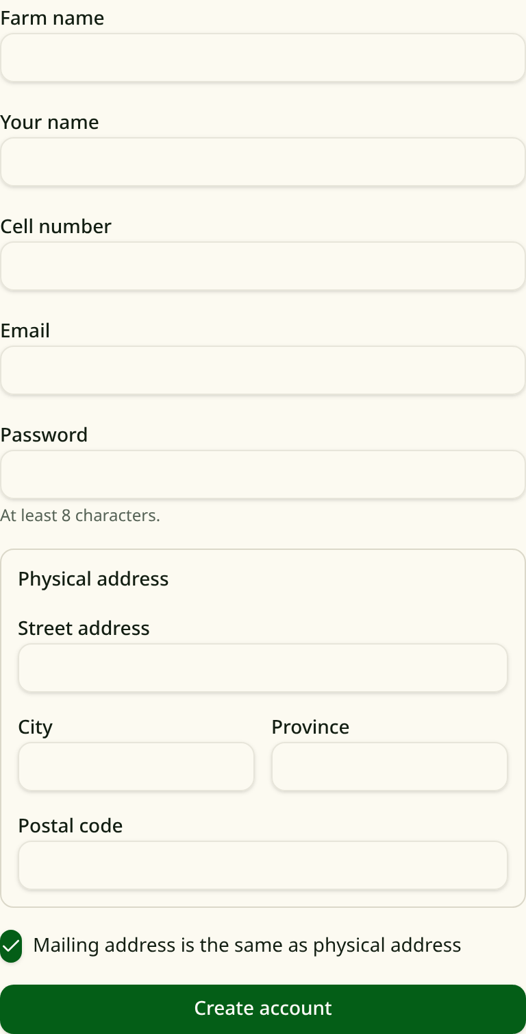 The CropShield create account form
